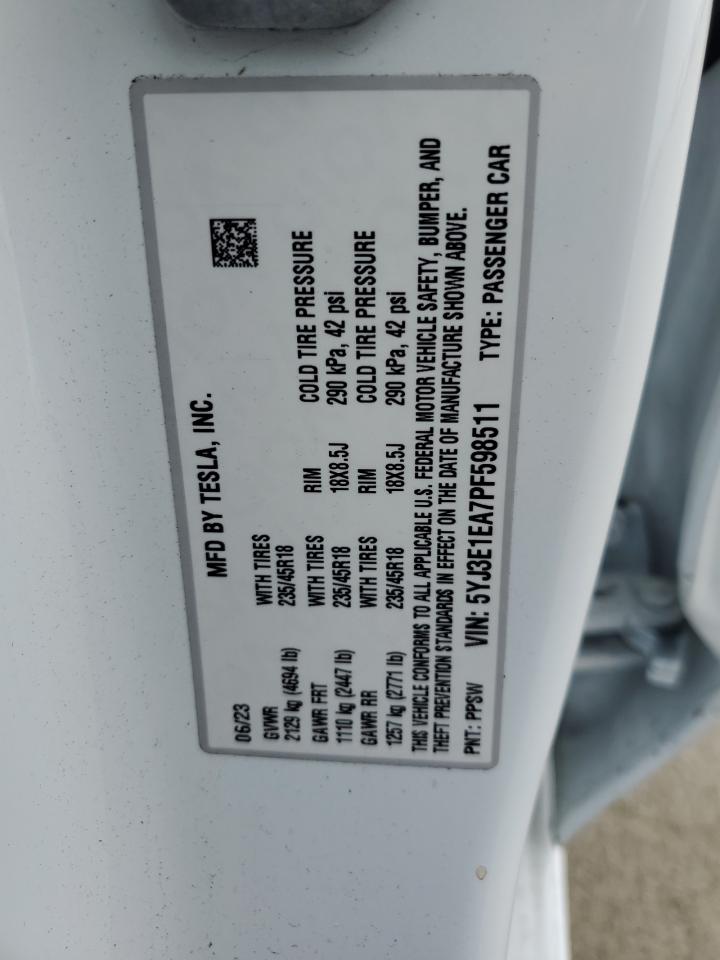 2023 TESLA MODEL 3 VIN:5YJ3E1EA7PF598511