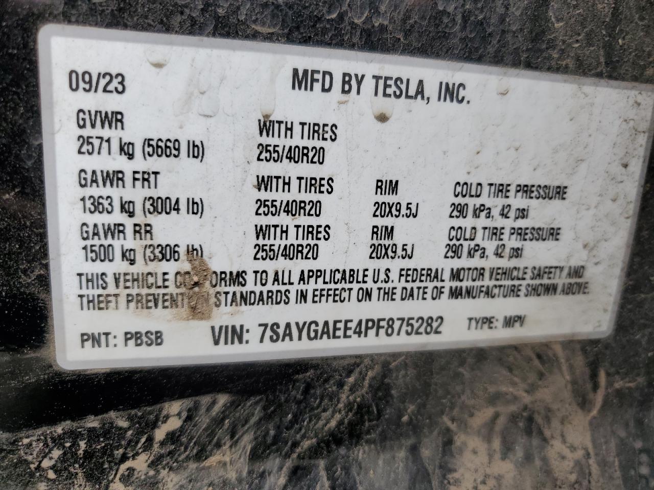 2023 TESLA MODEL Y VIN:7SAYGAEE4PF875282