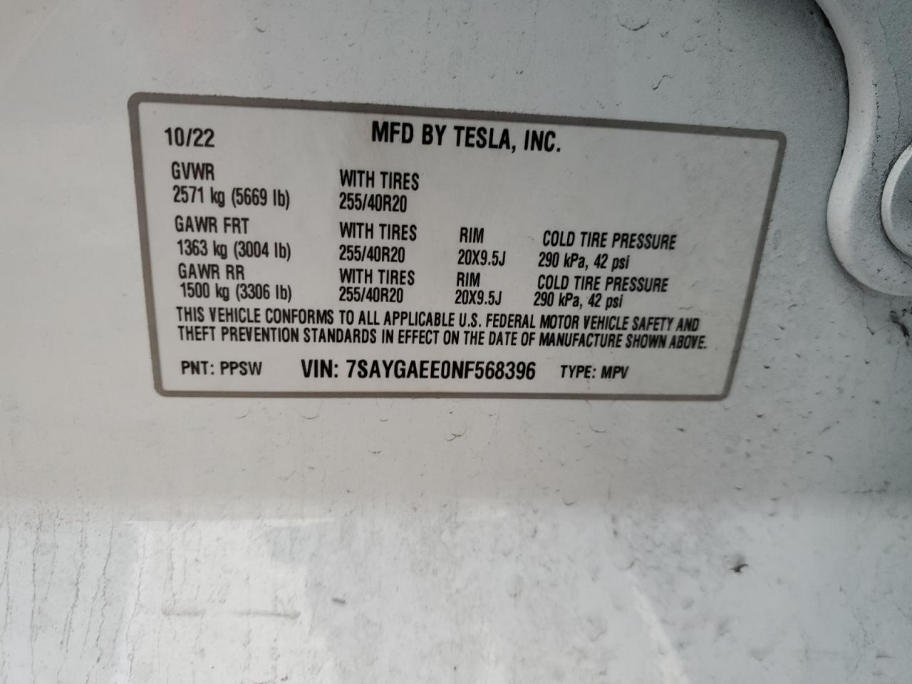2022 TESLA MODEL Y VIN:7SAYGAEE0NF568396