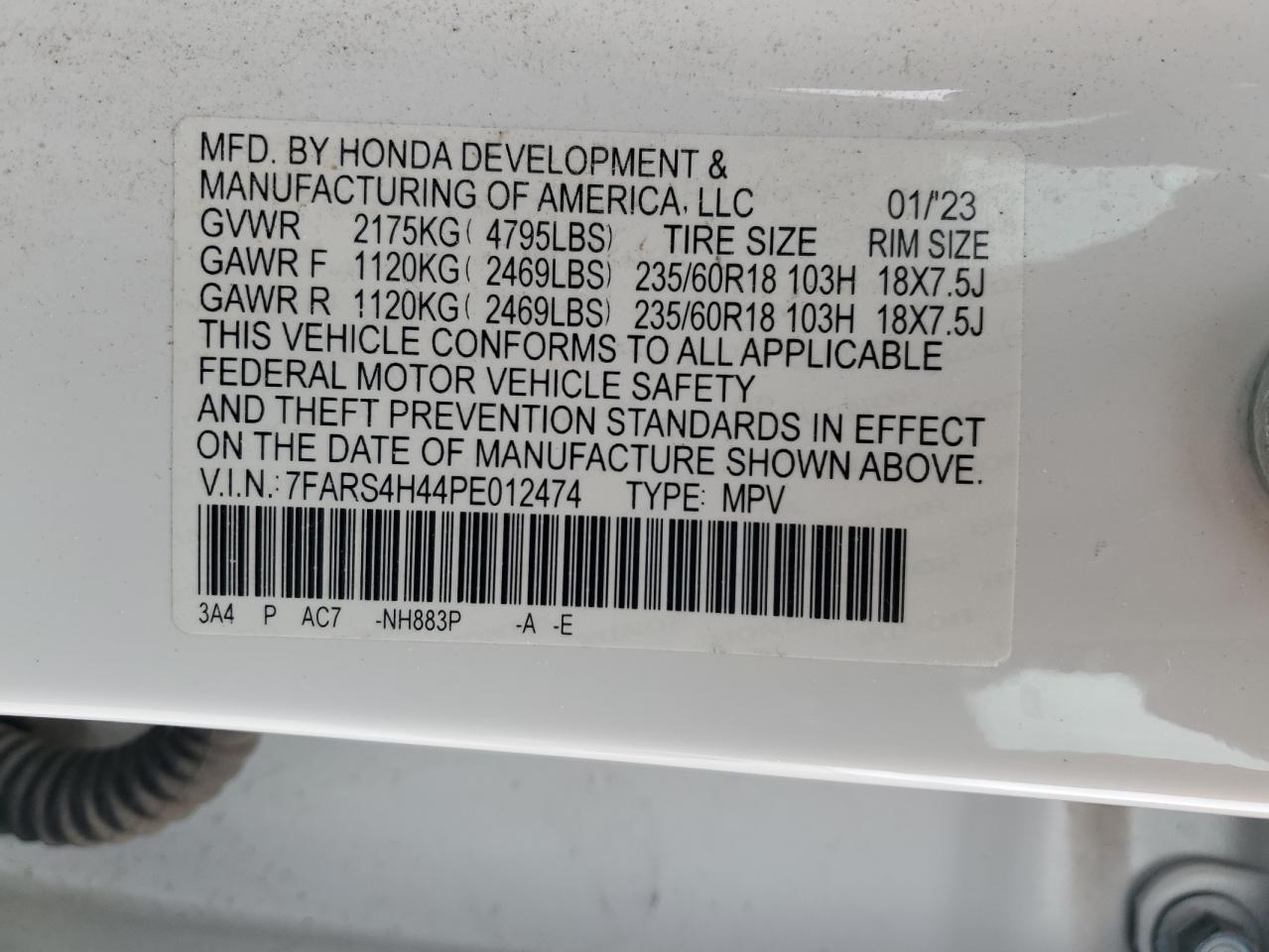 2023 HONDA CR-V EX VIN:7FARS4H44PE012474