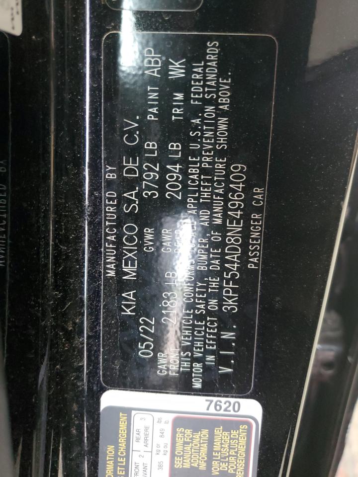 2022 KIA FORTE GT LINE VIN:3KPF54AD8NE496409