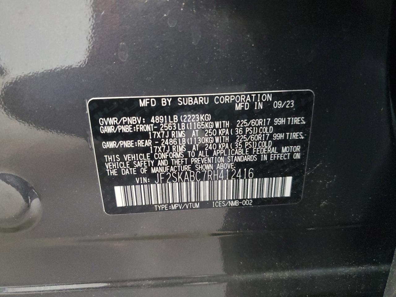 2024 SUBARU FORESTER VIN:JF2SKABC7RH412416