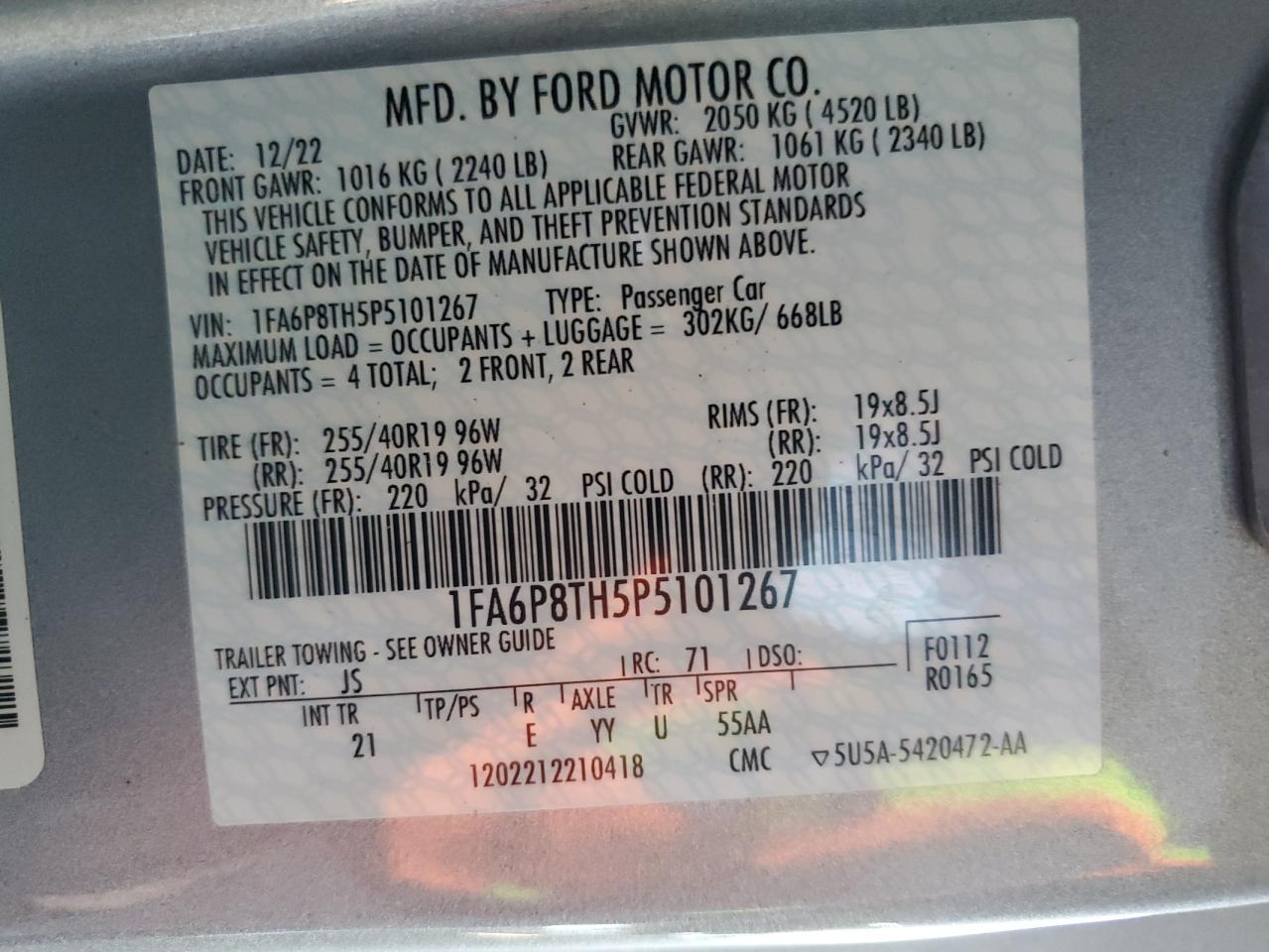 2023 FORD MUSTANG VIN:1FA6P8TH5P5101267