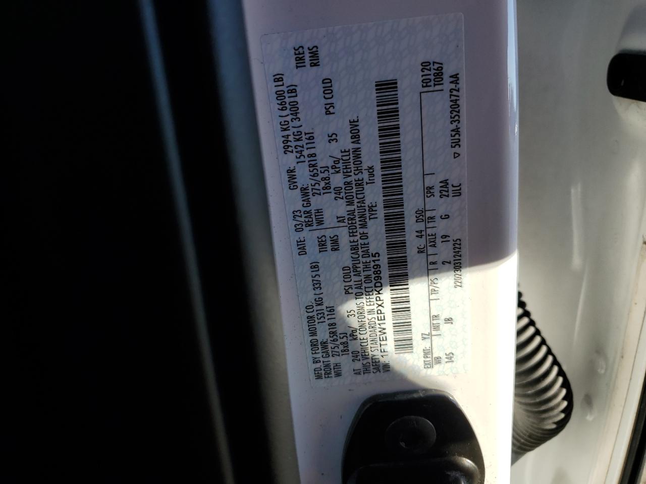 2023 FORD F150 SUPERCREW VIN:1FTEW1EPXPKD98915