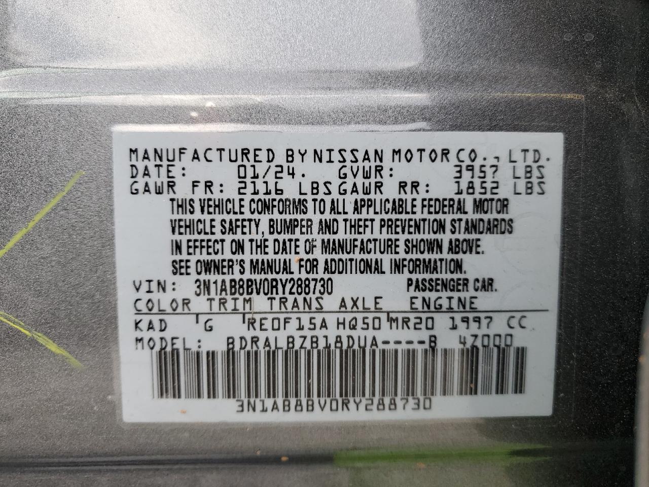 2024 NISSAN SENTRA S VIN:3N1AB8BV0RY288730