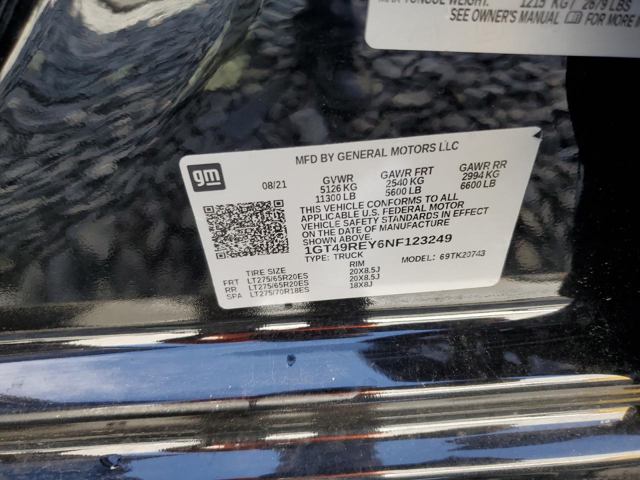 2022 GMC SIERRA K2500 DENALI VIN:1GT49REY6NF123249