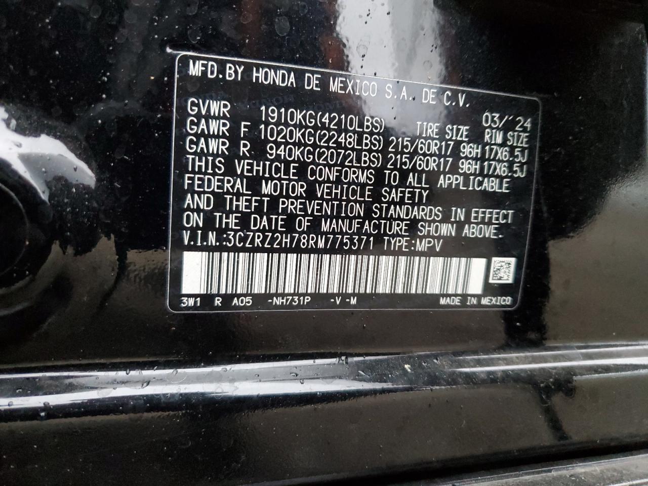 2024 HONDA HR-V EXL VIN:3CZRZ2H78RM775371