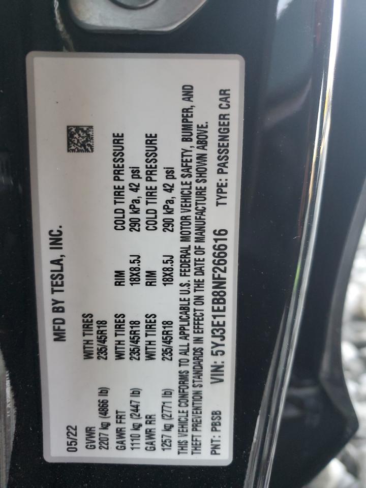 2022 TESLA MODEL 3 VIN:5YJ3E1EB8NF266616