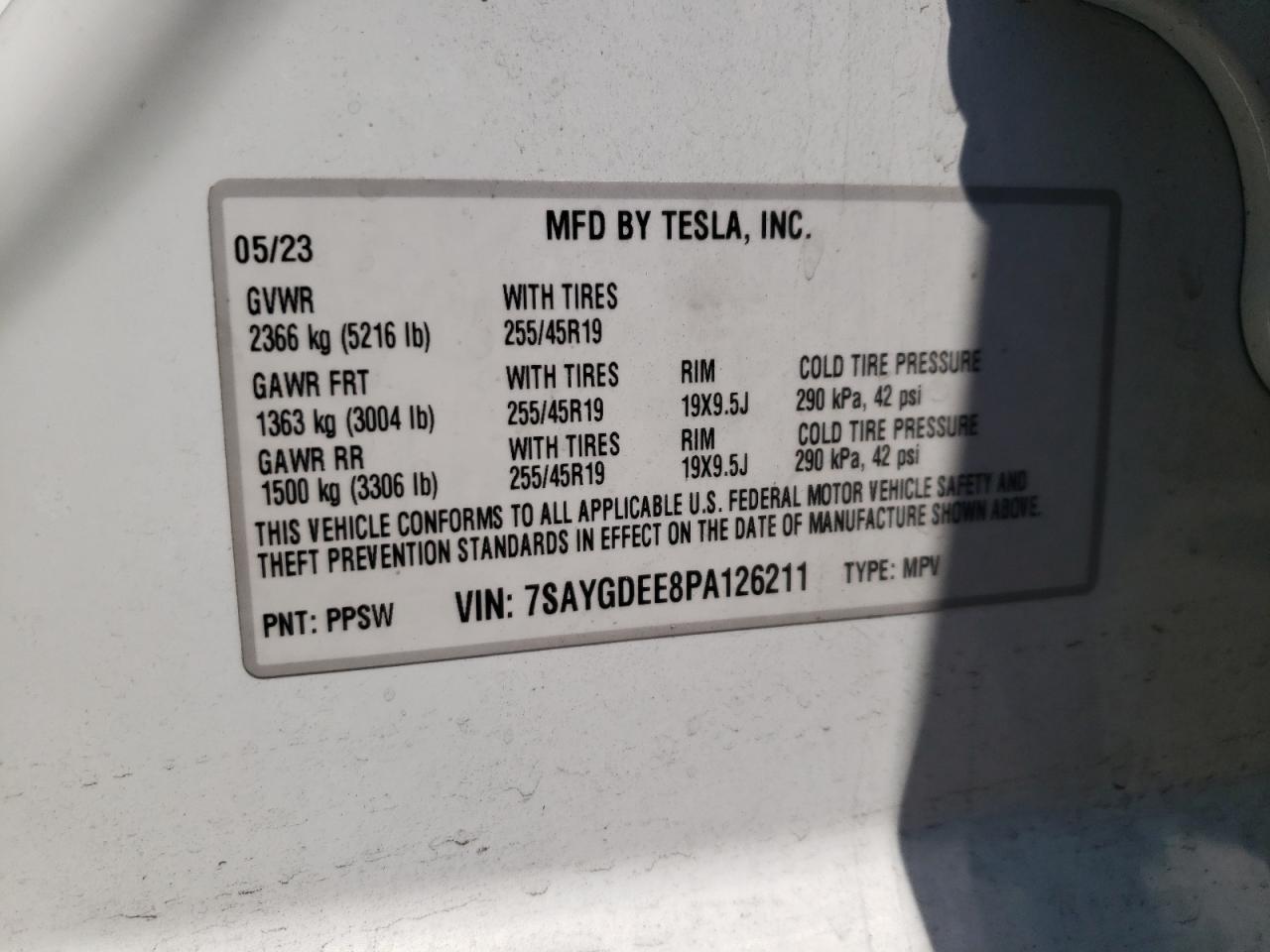 2023 TESLA MODEL Y VIN:7SAYGDEE8PA126211