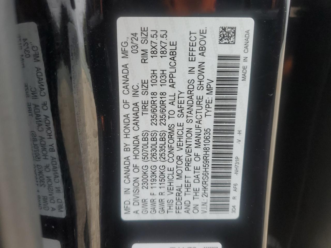 2024 HONDA CR-V SPORT VIN:2HKRS6H59RH810635