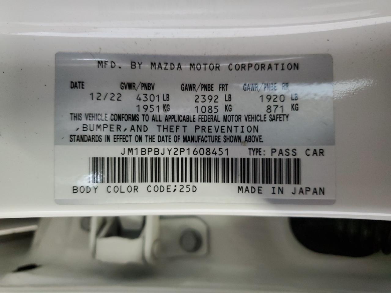 2023 MAZDA 3 VIN:JM1BPBJY2P1608451