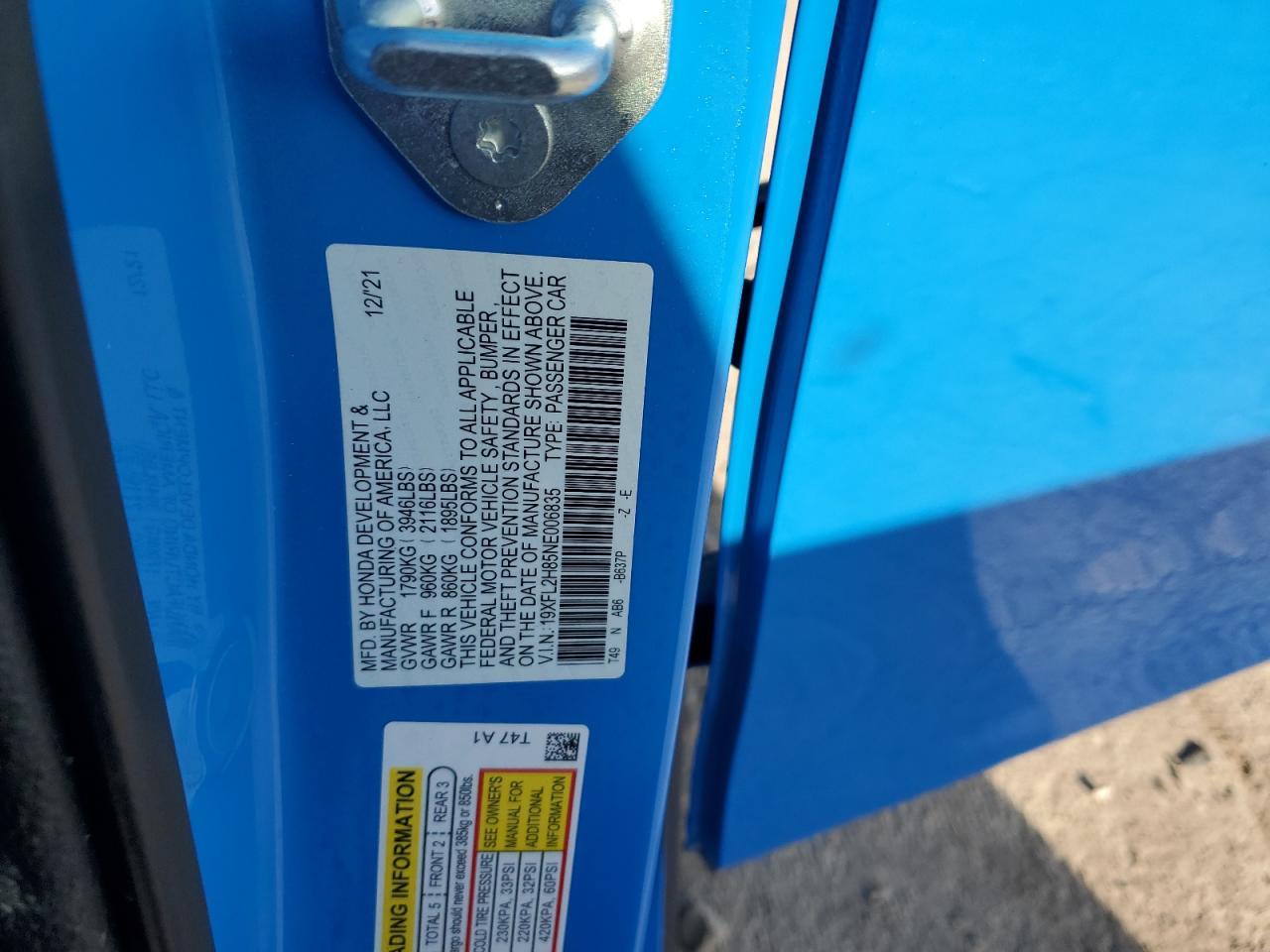 2022 HONDA CIVIC SPORT VIN:19XFL2H85NE006835