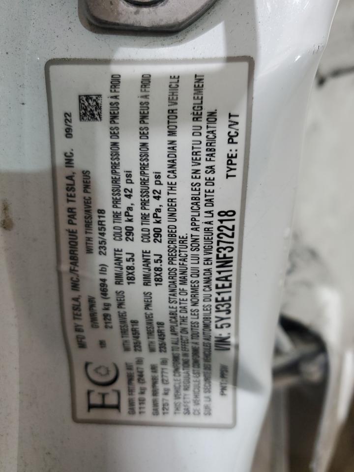 2022 TESLA MODEL 3 VIN:5YJ3E1EA1NF372218