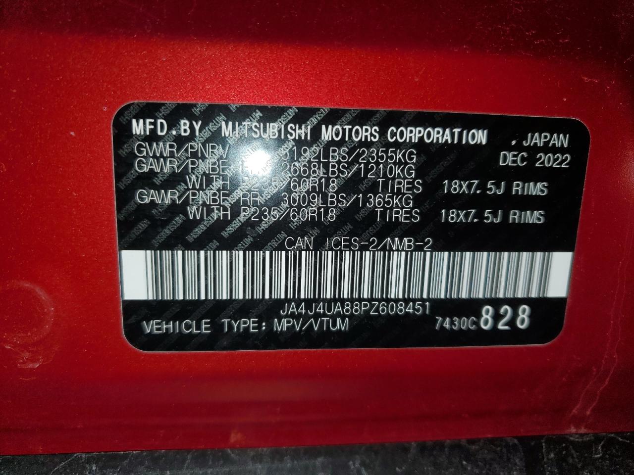 2023 MITSUBISHI OUTLANDER SE VIN:JA4J4UA88PZ608451