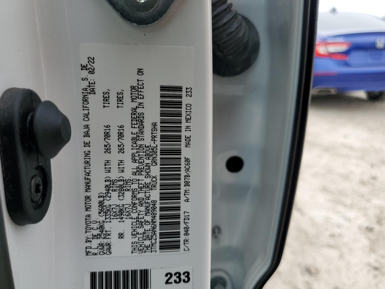 2022 TOYOTA TACOMA DOUBLE CAB VIN:3TMCZ5AN6NM489048