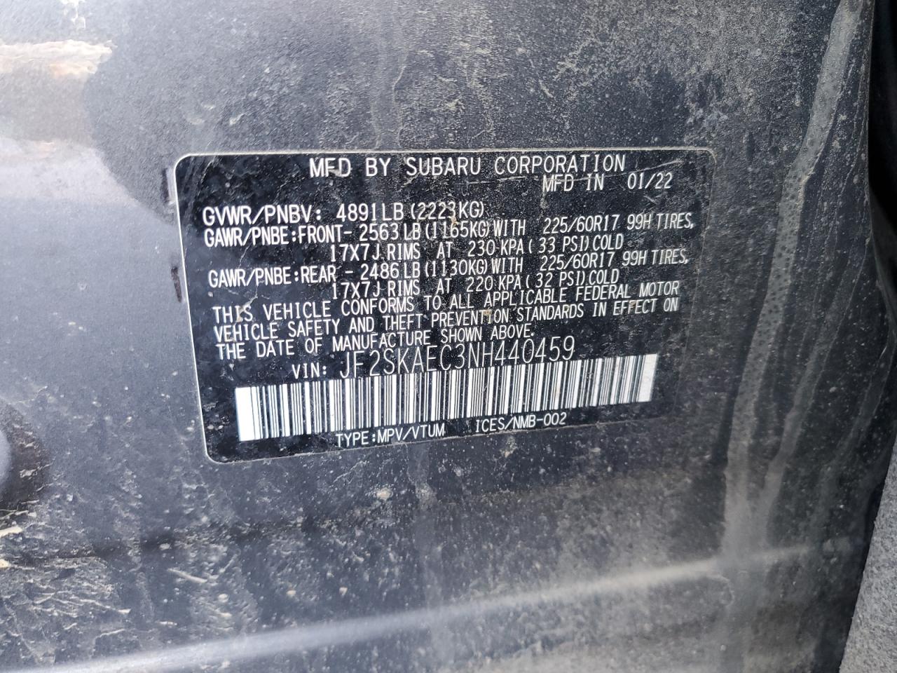 2022 SUBARU FORESTER PREMIUM VIN:JF2SKAEC3NH440459