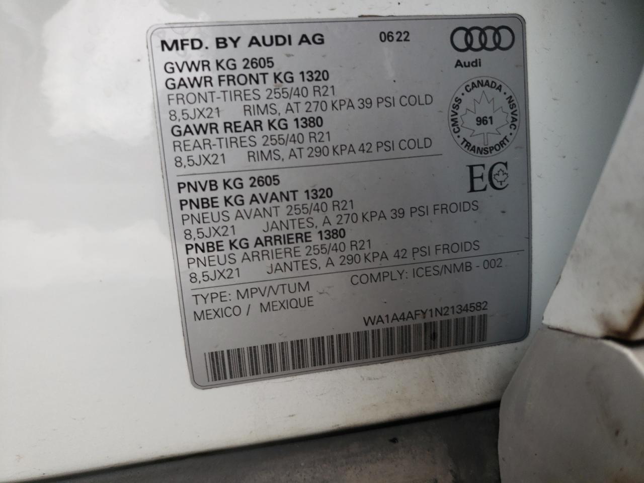 2022 AUDI SQ5 PREMIUM VIN:WA1A4AFY1N2134582
