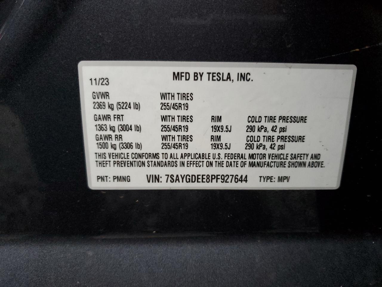 2023 TESLA MODEL Y VIN:7SAYGDEE8PF927644