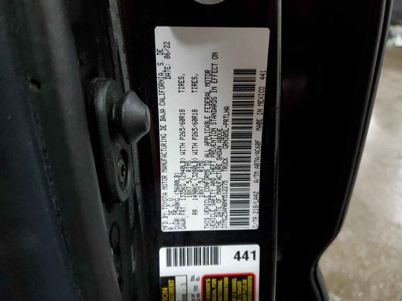 2022 TOYOTA TACOMA DOUBLE CAB VIN:3TMGZ5AN0NM512275