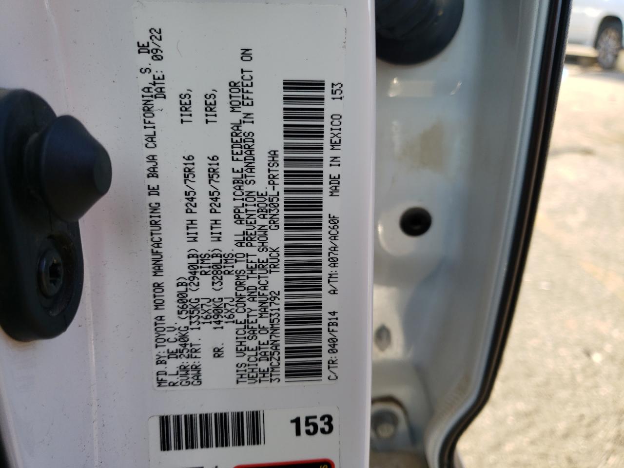 2022 TOYOTA TACOMA DOUBLE CAB VIN:3TMCZ5AN7NM531792