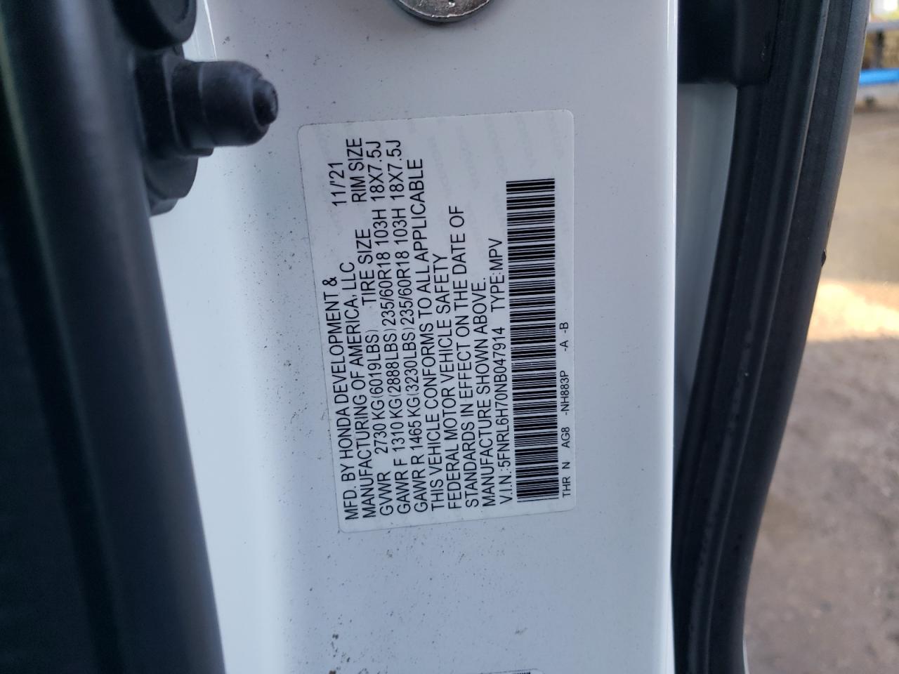 2022 HONDA ODYSSEY EXL VIN:5FNRL6H70NB047914