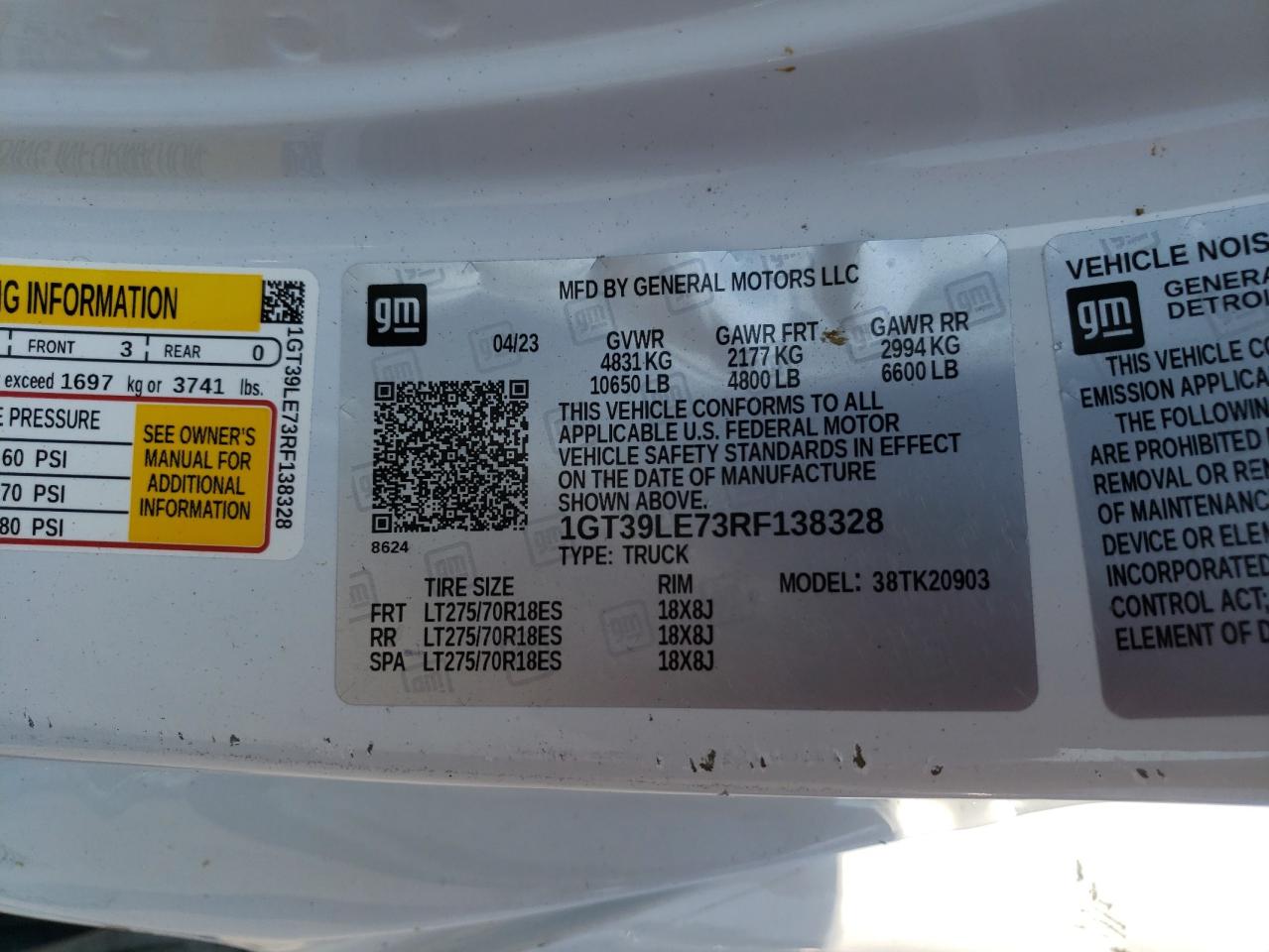2024 GMC SIERRA K2500 HEAVY DUTY VIN:1GT39LE73RF138328