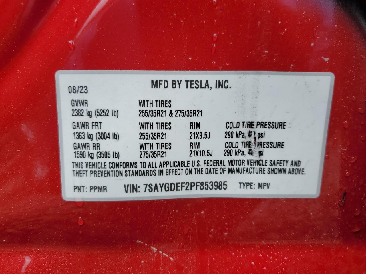 2023 TESLA MODEL Y VIN:7SAYGDEF2PF853985