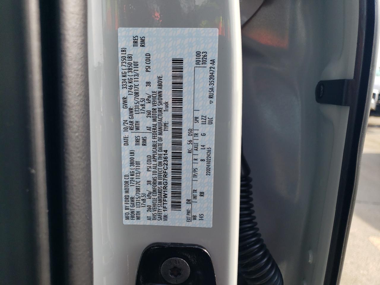 2024 FORD F150 RAPTOR VIN:1FTFW1RG7RFC23614