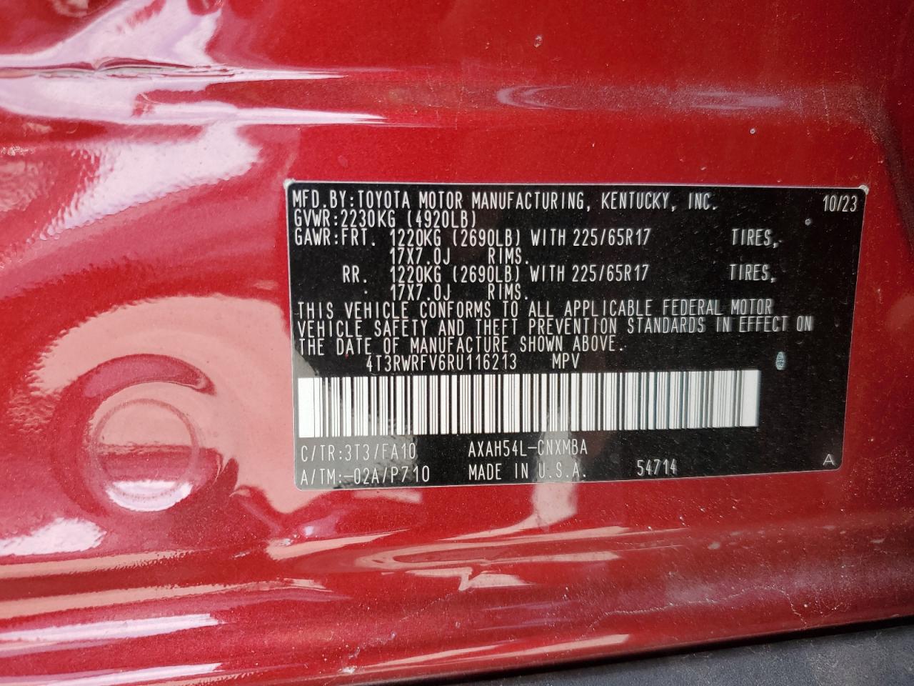 2024 TOYOTA RAV4 XLE VIN:4T3RWRFV6RU116213
