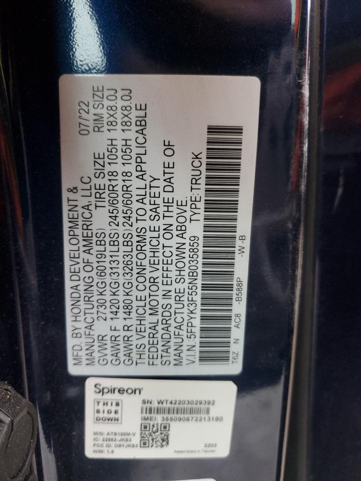 2022 HONDA RIDGELINE RTL VIN:5FPYK3F55NB035859
