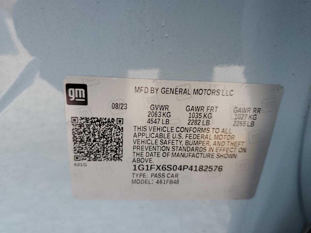 2023 CHEVROLET BOLT EV 2LT VIN:1G1FX6S04P4182576