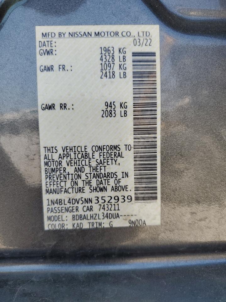 2022 NISSAN ALTIMA SV VIN:1N4BL4DV5NN352939