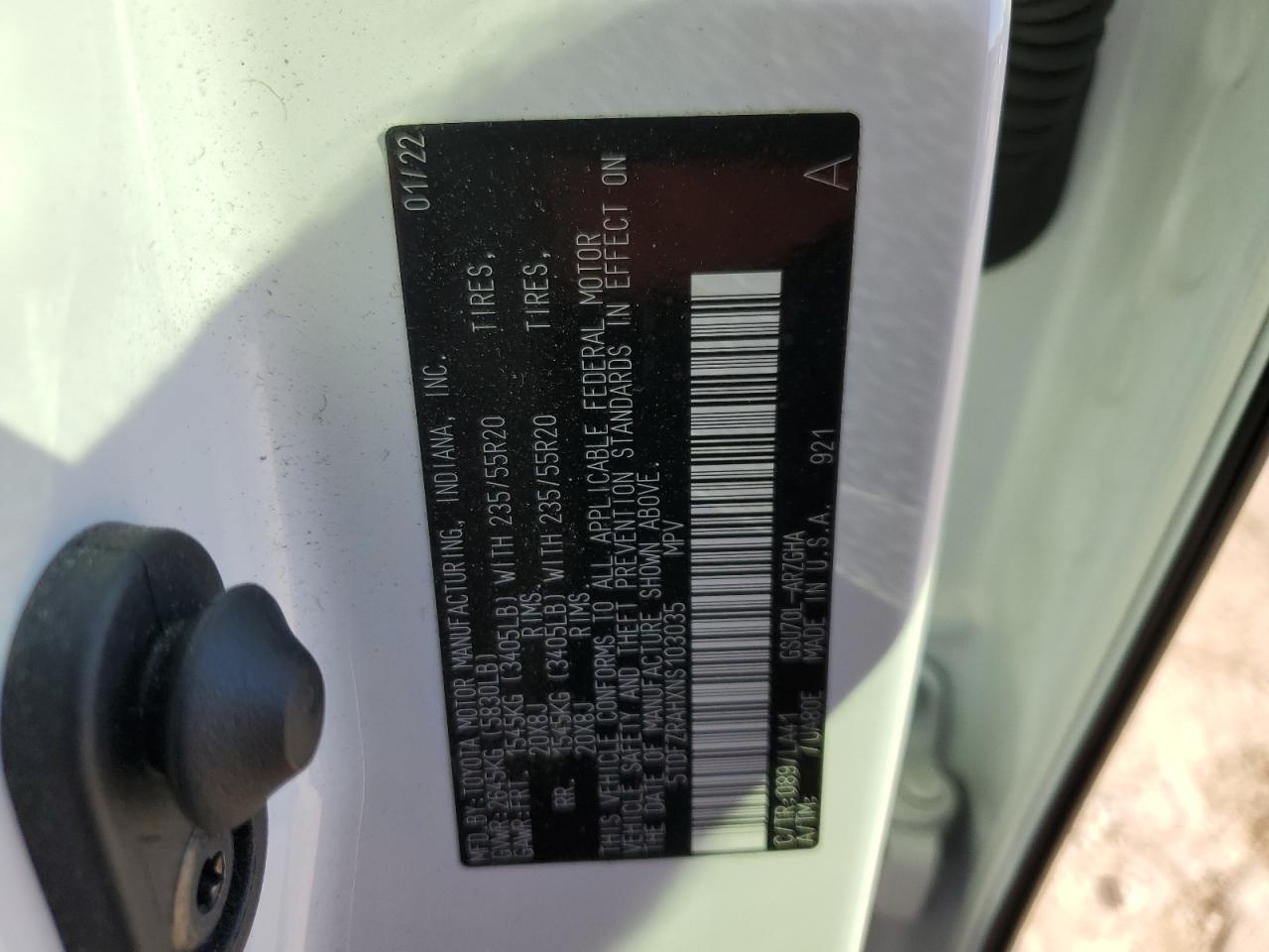 2022 TOYOTA HIGHLANDER PLATINUM VIN:5TDFZRAHXNS103035