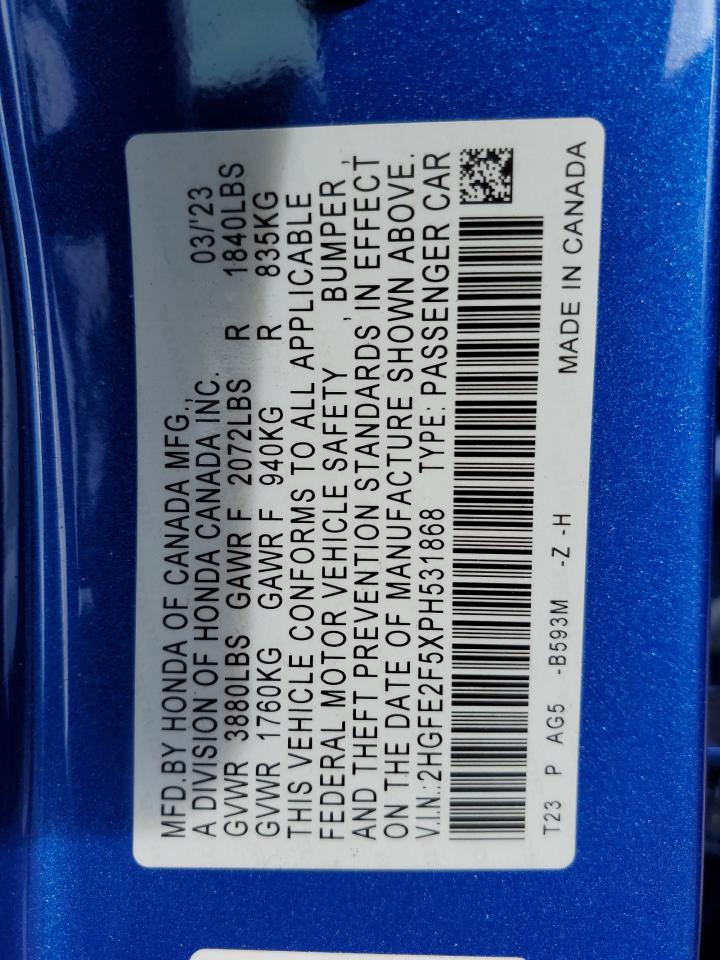 2023 HONDA CIVIC SPORT VIN:2HGFE2F5XPH531868