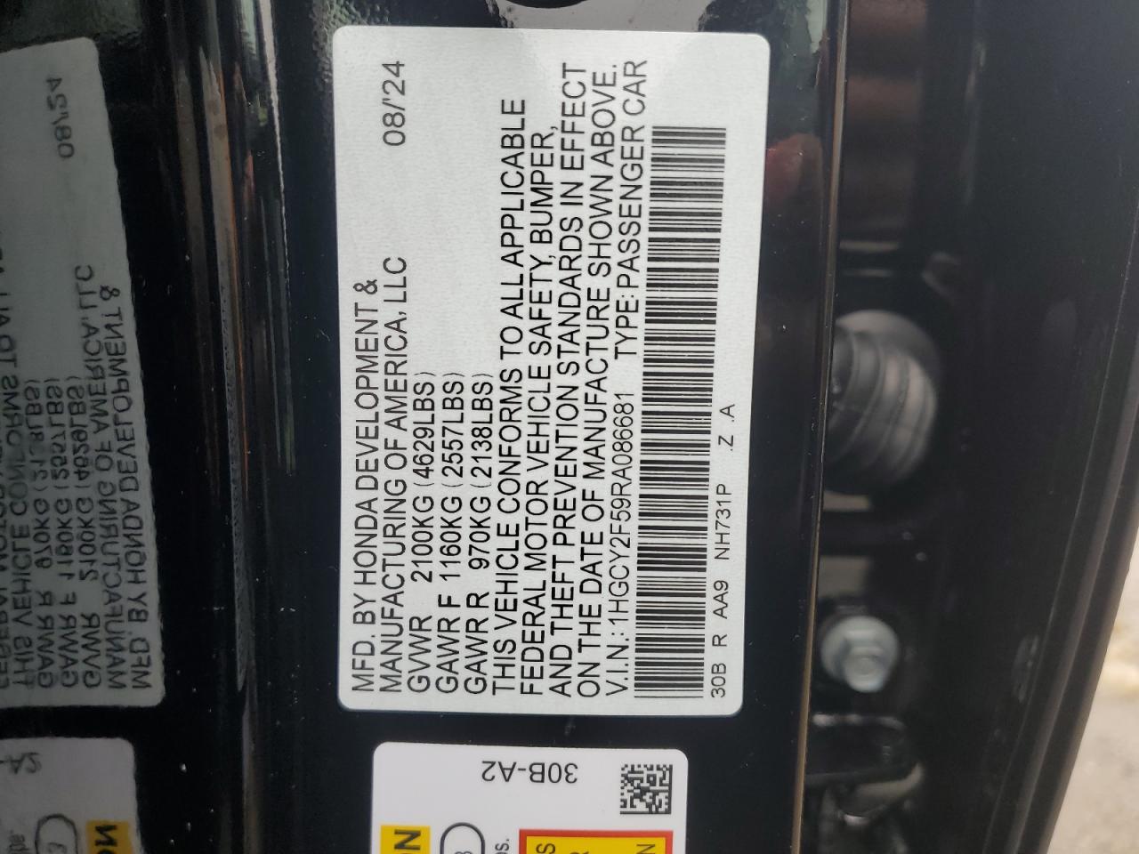 2024 HONDA ACCORD HYBRID SPORT VIN:1HGCY2F59RA086681