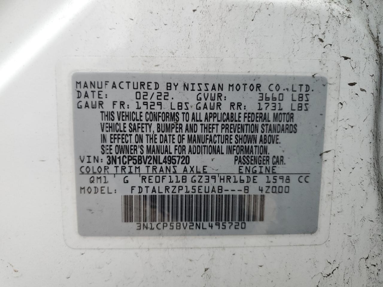 2022 NISSAN KICKS S VIN:3N1CP5BV2NL495720