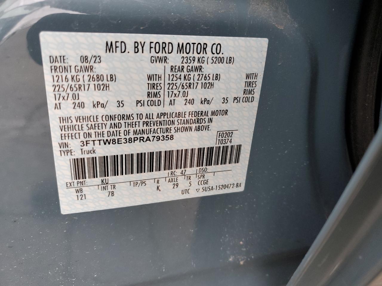 2023 FORD MAVERICK XL VIN:3FTTW8E38PRA79358