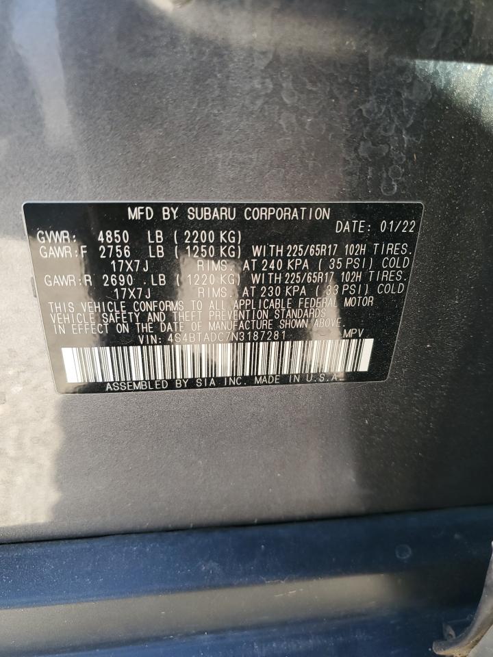 2022 SUBARU OUTBACK PREMIUM VIN:4S4BTADC7N3187281