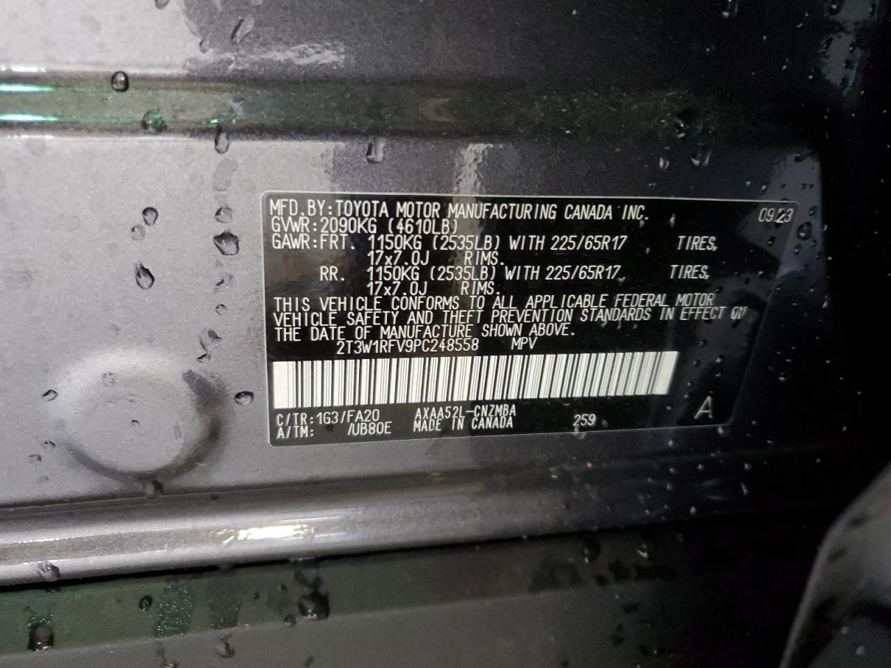 2023 TOYOTA RAV4 XLE VIN:2T3W1RFV9PC248558