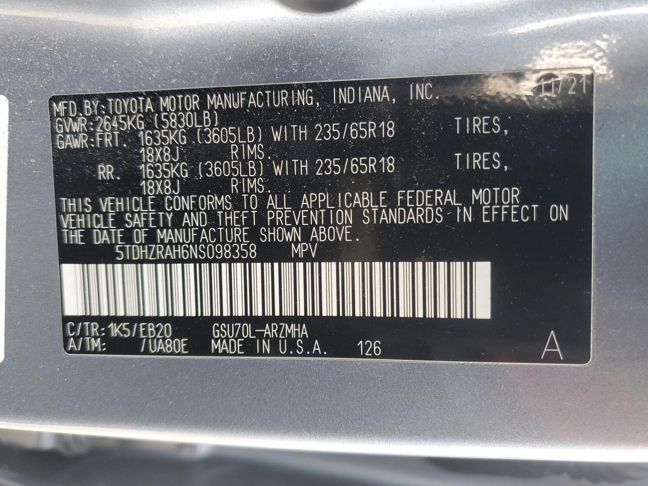 2022 TOYOTA HIGHLANDER XLE VIN:5TDHZRAH6NS098358