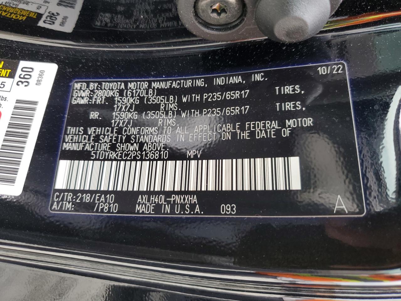 2023 TOYOTA SIENNA XLE VIN:5TDYRKEC2PS136810