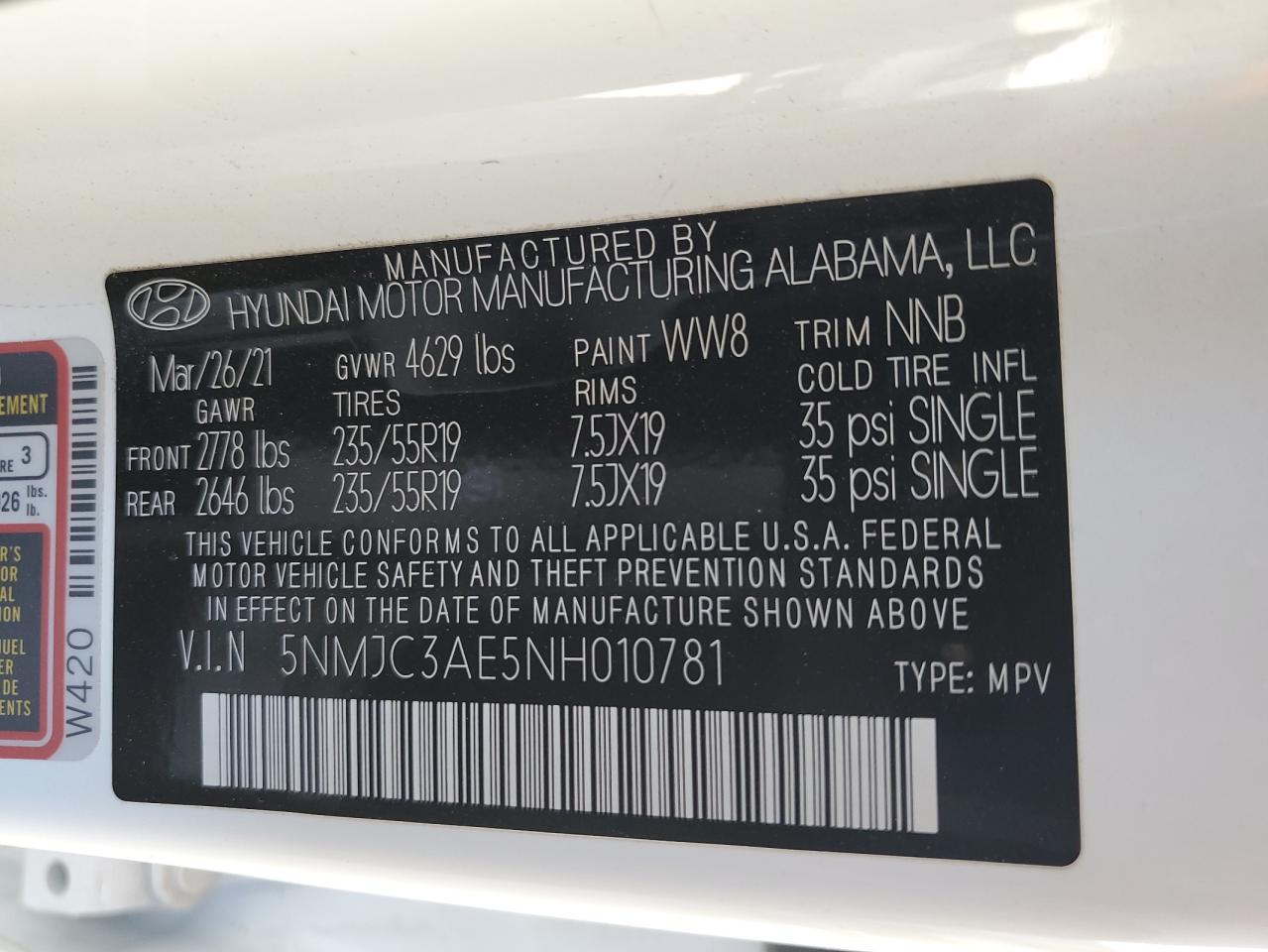 2022 HYUNDAI TUCSON SEL VIN:5NMJC3AE5NH010781