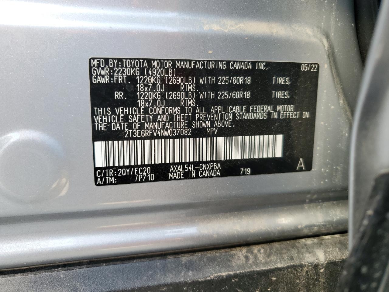 2022 TOYOTA RAV4 XSE VIN:2T3E6RFV4NW037082