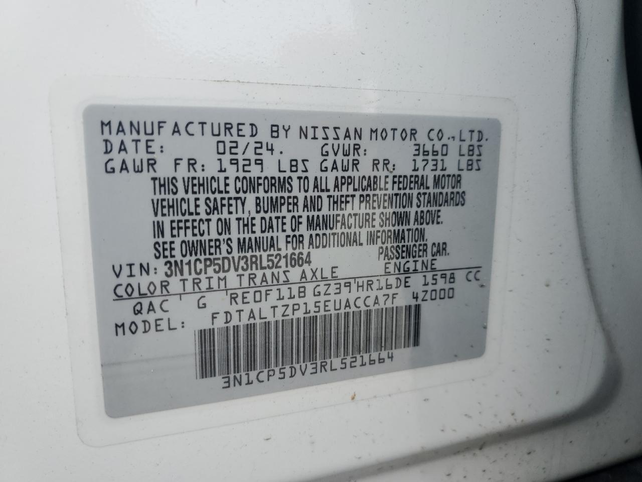 2024 NISSAN KICKS SR VIN:3N1CP5DV3RL521664