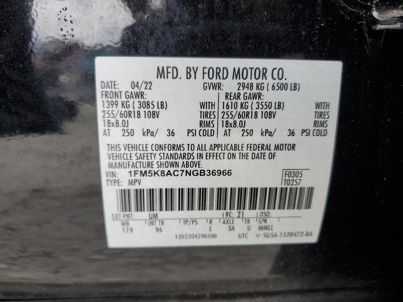 2022 FORD EXPLORER POLICE INTERCEPTOR VIN:1FM5K8AC7NGB36966