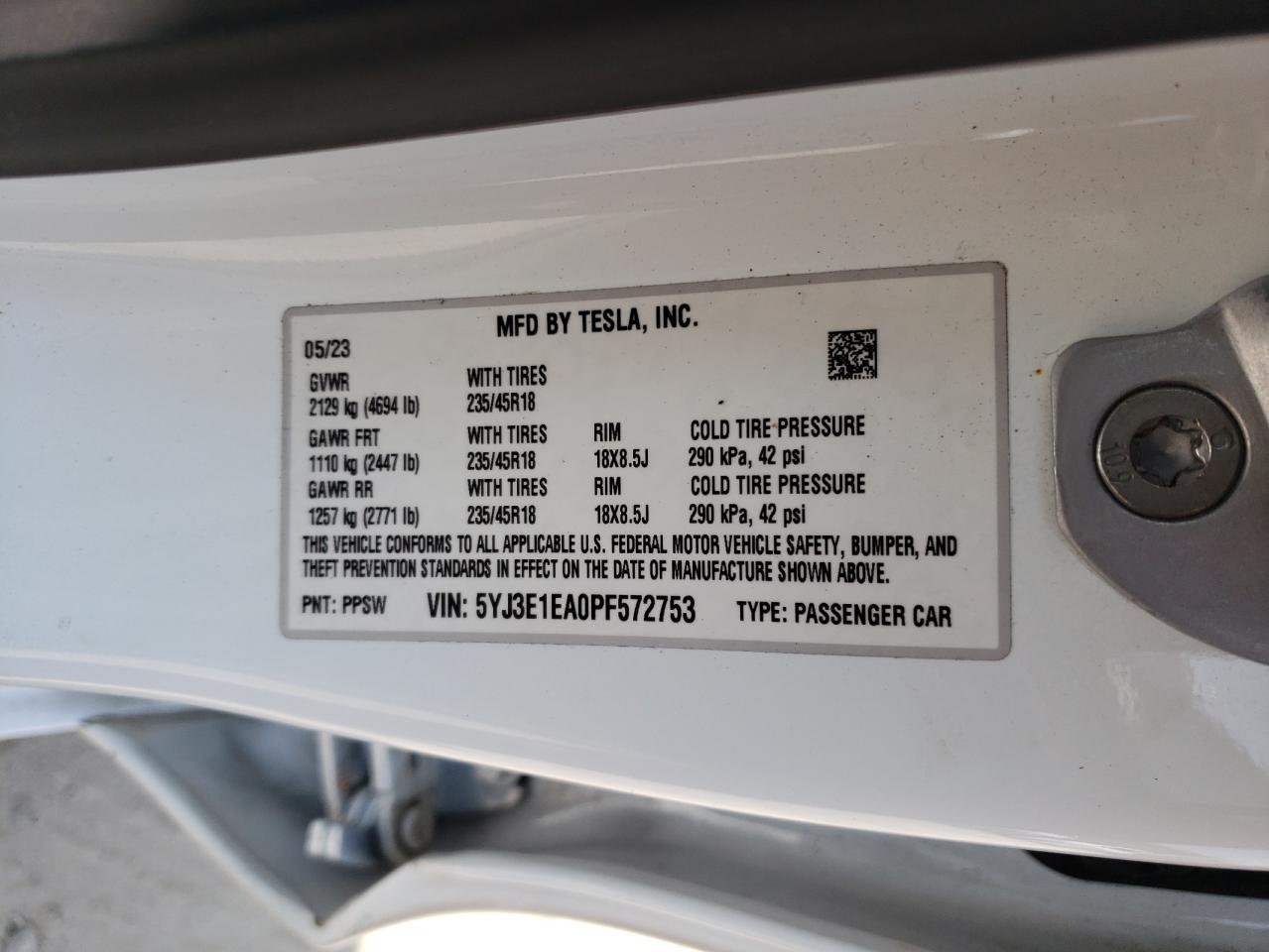 2023 TESLA MODEL 3 VIN:5YJ3E1EA0PF572753