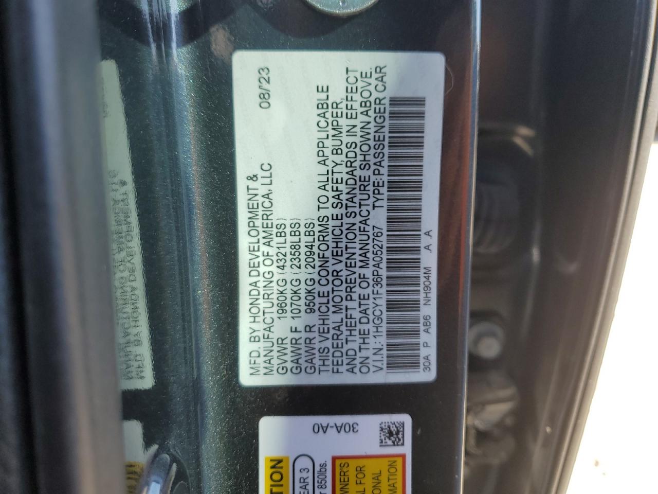 2023 HONDA ACCORD EX VIN:1HGCY1F36PA052767