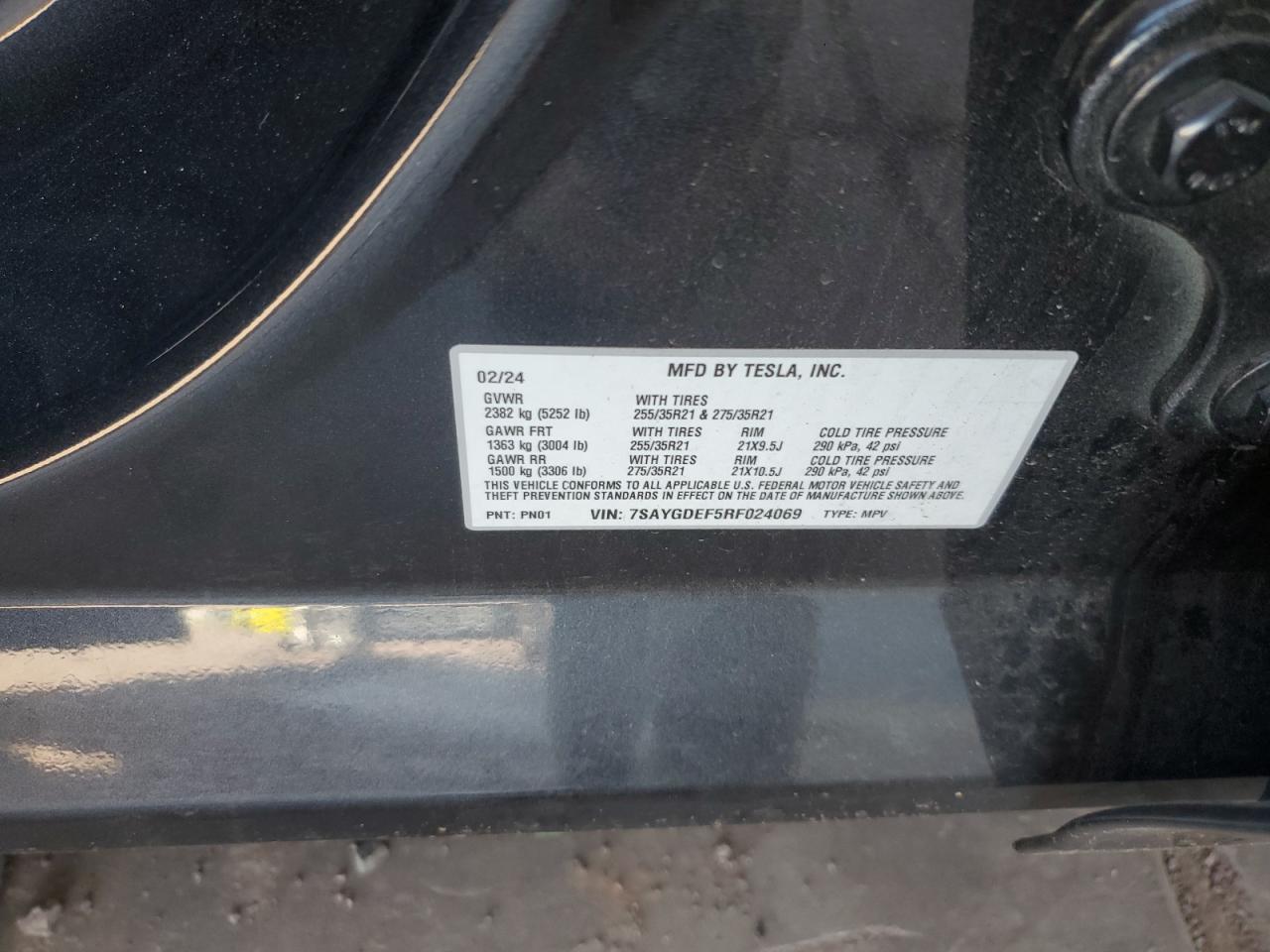 2024 TESLA MODEL Y VIN:7SAYGDEF5RF024069