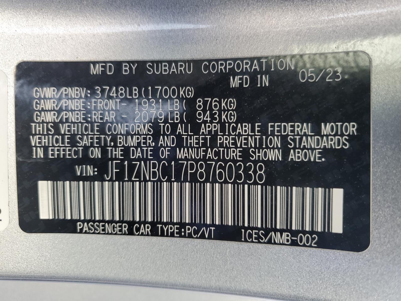 2023 TOYOTA GR 86 VIN:JF1ZNBC17P8760338