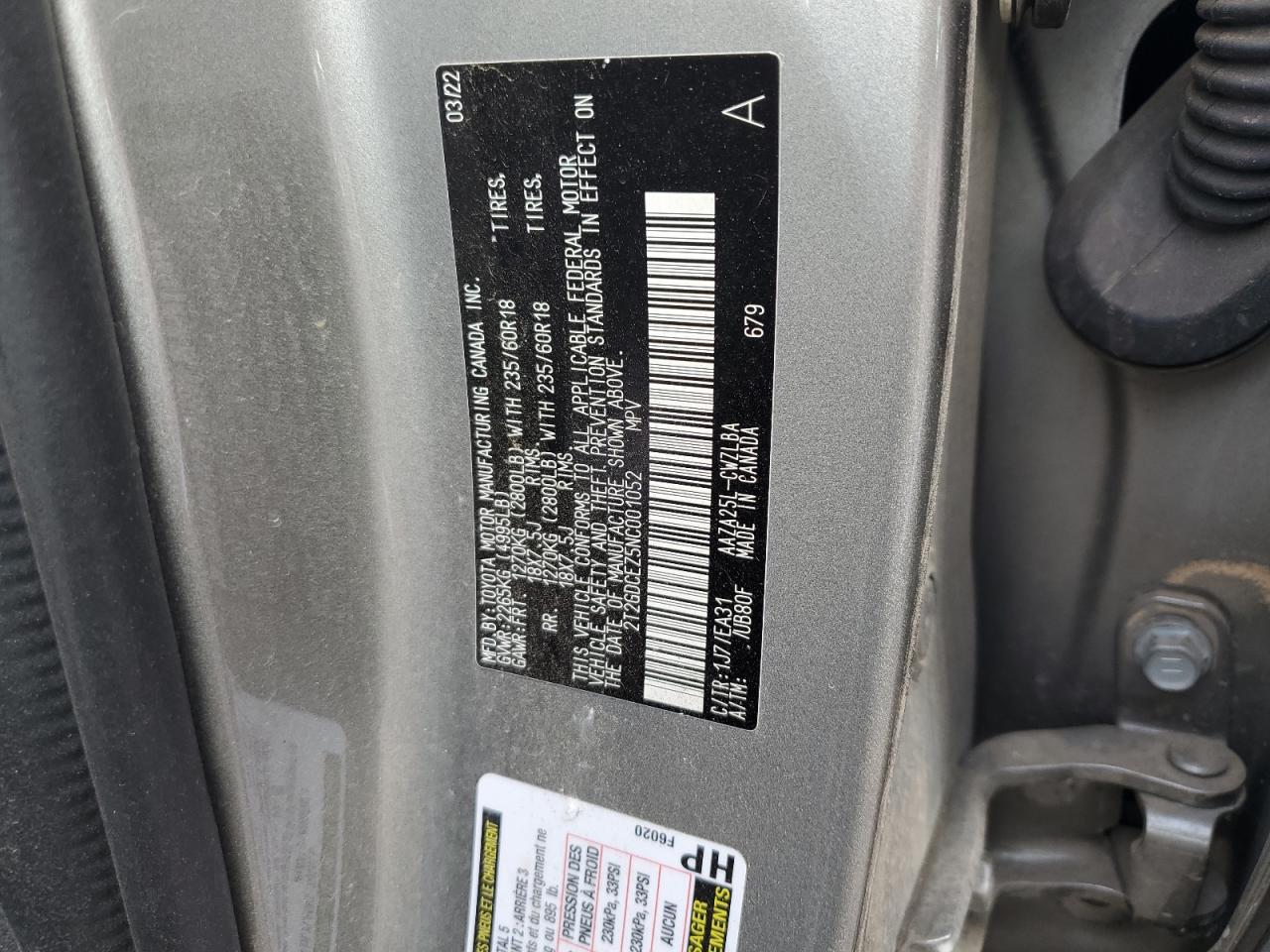 2022 LEXUS NX 250 VIN:2T2GDCEZ5NC001052